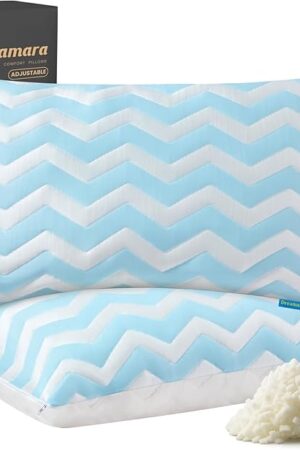 Dreamara Cooling Bed Pillows King Size Set of 2 – Adjustable Loft Shredded Memory Foam Pillows for Side, Back & Stomach Sleepers, Supportive & Breathable for Hot Sleepers (Blue)