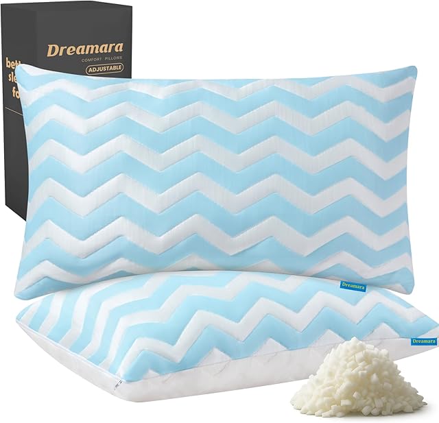Dreamara Cooling Bed Pillows King Size Set of 2 – Adjustable Loft Shredded Memory Foam Pillows for Side, Back & Stomach Sleepers, Supportive & Breathable for Hot Sleepers (Blue)