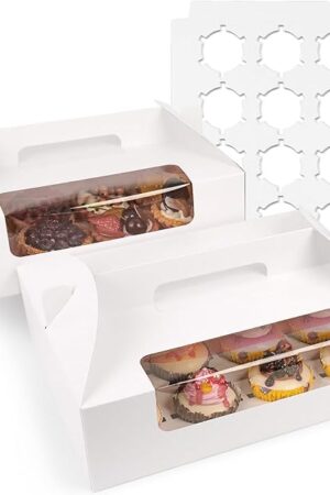 White Cupcake Boxes 12 Count, 30 Pcs Cupcake Containers with Handle, Window, and Inserts – Holds 360 Standard Cupcakes, Food-Grade Gable Boxes for Muffins, Cakes, and Party Desserts