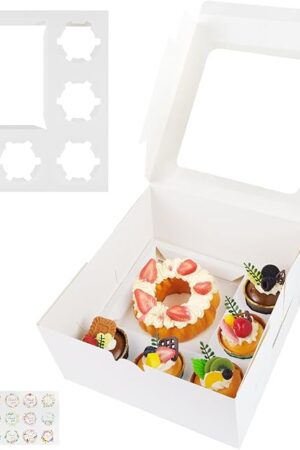 5 Packs Bento Cake Box with Cupcakes, 1+5 Cupcake Box Combo with Clear Window,Fit 5 Cupcakex and 1 Mini Cake with Stickers for Wedding Birthday Party Baby Shower Bakery Baking Supplies