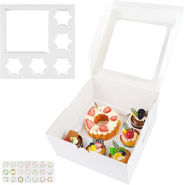 5 Packs Bento Cake Box with Cupcakes, 1+5 Cupcake Box Combo with Clear Window,Fit 5 Cupcakex and 1 Mini Cake with Stickers for Wedding Birthday Party Baby Shower Bakery Baking Supplies