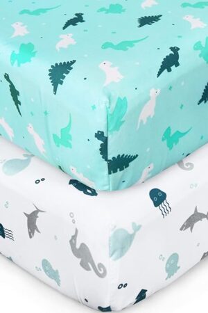 Crib Sheets 2-Pack Fitted Sheet 52'' x 28'' Soft and Breathable Material Dinosaurs Ocean