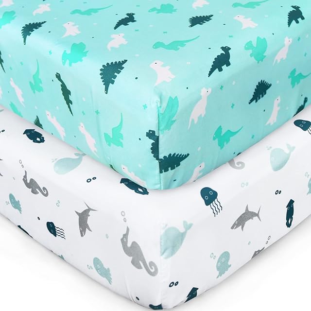 Crib Sheets 2-Pack Fitted Sheet 52'' x 28'' Soft and Breathable Material Dinosaurs Ocean