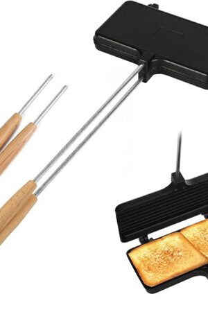 Double Pie Irons, Non-Stick Pie Irons for Camping Cast Iron with 4 Removable Handles Portable Campfire Sandwich Maker Mountain Pie Maker, Do not Grill Directly on Charcoal