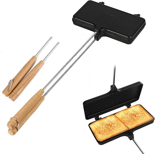 Double Pie Irons, Non-Stick Pie Irons for Camping Cast Iron with 4 Removable Handles Portable Campfire Sandwich Maker Mountain Pie Maker, Do not Grill Directly on Charcoal