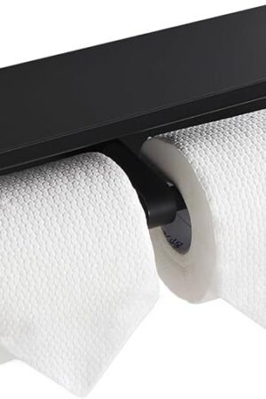 Black Toilet Paper Roll Holder with Shelf Wall Mounted for Bathroom (Black, Double Head)