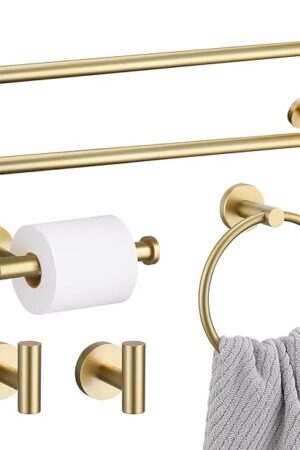 Bathroom Towel Holder Set, 6 Pieces Brushed Gold Towel Bar Bathroom Hardware Accessories Set, SUS304 Stainless Steel Towel Rack Towel Ring Toilet Paper Holder Set Wall Mounted