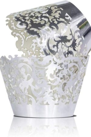 YOZATIA 60 Silver Vine Lace Cupcake Wrapper, Laser Cut Cupcake Liners for Weddings Birthdays Tea Parties and any Special Event- Silver