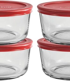 Anchor Hocking 4 Cup Glass Storage Containers with Lids, Set of 4 Glass Food Storage Containers with Red SnugFit Lids