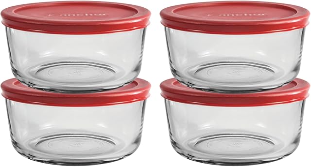 Anchor Hocking 4 Cup Glass Storage Containers with Lids, Set of 4 Glass Food Storage Containers with Red SnugFit Lids