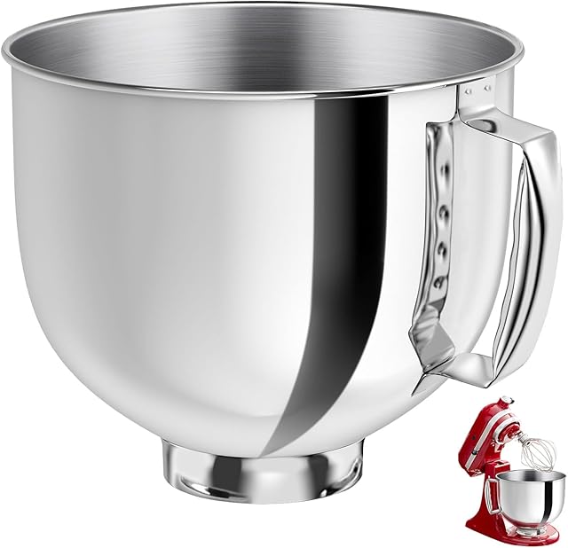 5QT Stainless Steel Mixer Bowls with Handle Fit for KitchenAid 4.5 & 5-Quart Tilt-Head Stand Mixers Replacement/Accessories Bowl for Mixer Dishwasher Safe Oven Safe Easy to Clean Polished