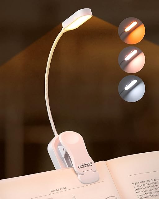 EDISHINE Reading Light, USB Rechargeable Clip On Book Light, 3 Color Modes & Stepless Dimmable, 2 Charging Modes, Eye Care LED Lamp for Readers, Kids, Bookworms, Travel (White)