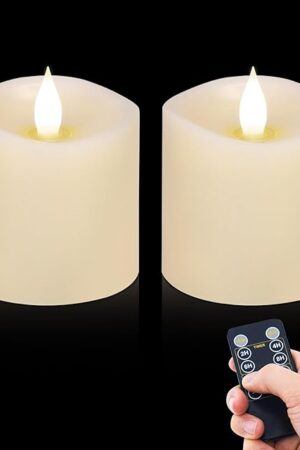 3x3 Flameless Candles Battery Operated with Remote Timer, Last 600 Hours Battery Candles Flickering, Ivory Real Wax Electric LED Candle for Wedding Party, Set of 2