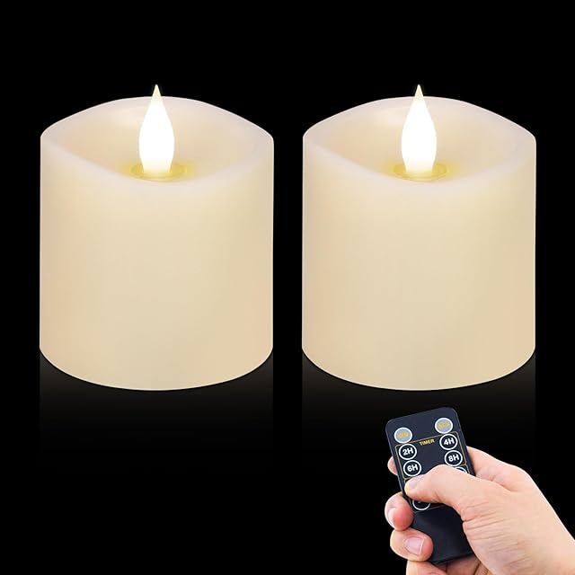 3x3 Flameless Candles Battery Operated with Remote Timer, Last 600 Hours Battery Candles Flickering, Ivory Real Wax Electric LED Candle for Wedding Party, Set of 2