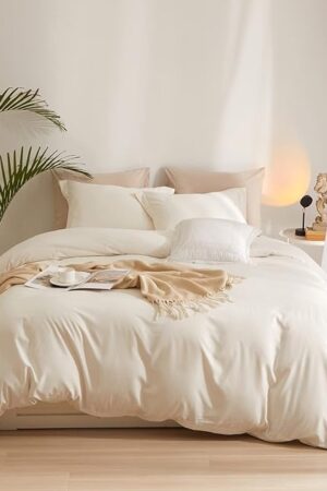 AMWAN Boho 3 Pieces Queen Size Soft Washed Microfiber Cream White Duvet Cover Set with Zipper Closure - Off White 90?x90? Comforter Cover, 2 Pillowcases
