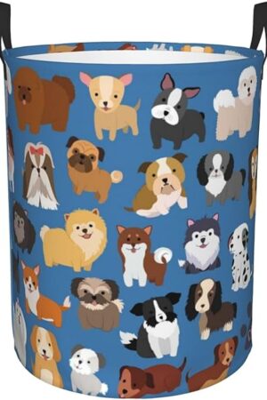 Cute Dogs Blue Round Laundry Hamper Storage Basket Toys Clothes Organizer Bin For Home Bathroom Bedroom Dorm Nursery, 62l