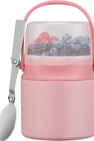 2-in-1 Insulated Food Jar & Snack Container - 15oz Kids Soup Thermos for Hot Food with Handle and Spoon, Leak Proof Reusable Toddler Snack Box, Perfect for School & Travel, Pink
