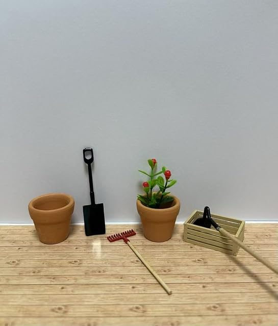 The Dollhouse Accessories 1 12 Scale Mini Garden Tool Set with Clay Pots, Shovel, Rake and Storage Box, 6 Piece Doll Gardening Kit (6pcs-miniaturegardenset)