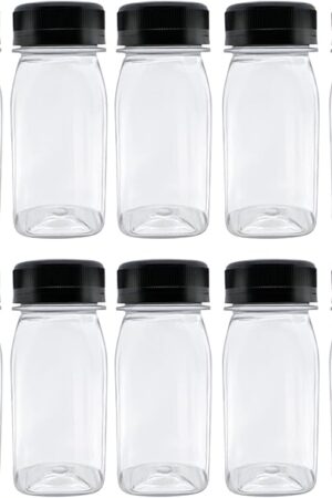 10 Pcs 4 Ounce Plastic Juice Bottles, Reusable Bulk Beverage Containers for Juice, Milk and Other Beverages, Black lid