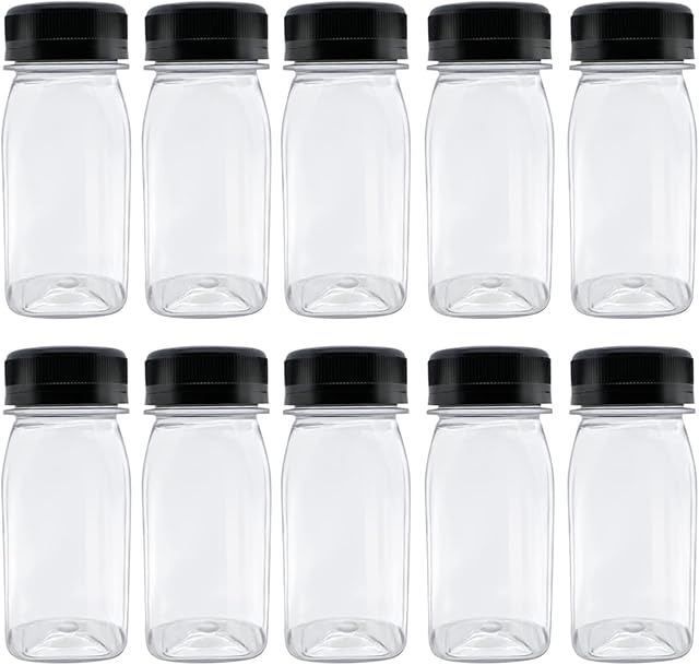 10 Pcs 4 Ounce Plastic Juice Bottles, Reusable Bulk Beverage Containers for Juice, Milk and Other Beverages, Black lid
