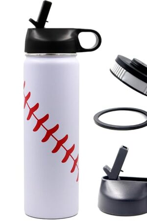 Baseball Water Bottle 22 oz Stainless Steel with 2 Lids