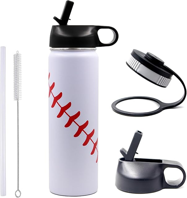 Baseball Water Bottle 22 oz Stainless Steel with 2 Lids