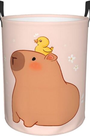 cute capybara with duck Laundry Basket Round with Handle, Bedroom Hamper Collapsible Storage Bin Dirty Clothes Bag Organizer for Home Bathroom Nursery, 19.6''x15.7''