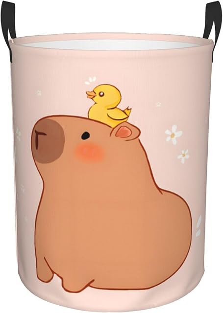 cute capybara with duck Laundry Basket Round with Handle, Bedroom Hamper Collapsible Storage Bin Dirty Clothes Bag Organizer for Home Bathroom Nursery, 19.6''x15.7''