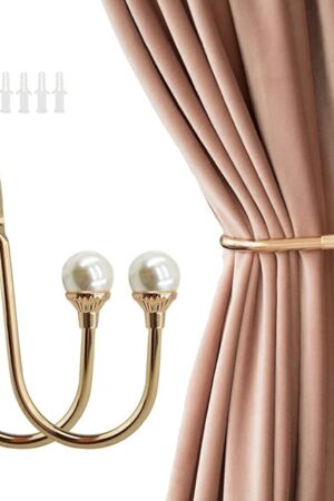Coolnice 2 Pack Curtain Holdbacks Wall Mounted Curtain Tiebacks Hooks Plastic Pearl U Shape Curtain Tiebacks with Screws Curtain Ties for Home Office-Gold