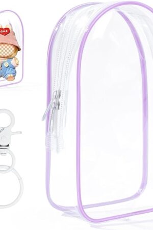 The Purple Clear Figure Display Bag with Keychain for Doll, Positive Doll Storage Bag, Pouch Keychain Charms for Collectibles (with Zipper- Waterproof) Building Block Storage Bag,7.4 * 4.2 inch