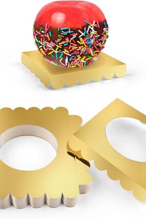 50 PCS Candy Apple Box Base,Golden Cardboard Taffy Apple Inserts, Square Caramel Apple Wraps Tray, Clearly DIY candy apple Holder, Cake Pop Chocolate Circle Tray for Wedding Party Festival