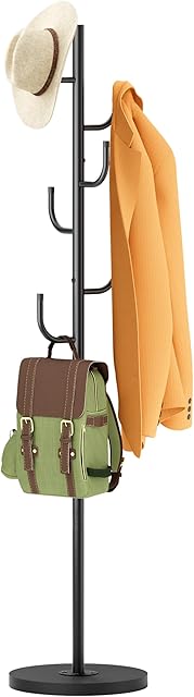MISSLO Heavy Duty Coat Rack Freestanding 4 Adjustable Size Coat Tree with Stable Wood Base Coat Hanger Stand with 6 Hooks Standing Clothes Tree for Bedroom, Black