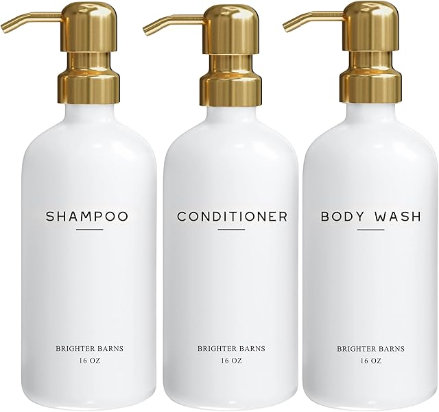 Luxury Shampoo and Conditioner Dispenser Set by Brighter Barns - Shower Soap Dispenser - Shampoo Conditioner Body Wash Dispenser & Pump - White and Gold Bathroom Accessories in Spa, Hotel, Gift (Gold)