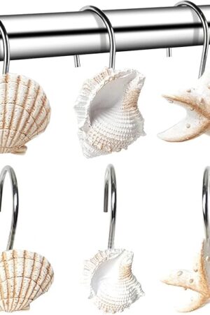 YUKUNTANG Seashell Shower Curtain Hooks, 12 Pcs Seashell Anti Rust Decorative Resin Shower Curtain Rings Hooks for Bathroom Bedroom Baby Room Decor