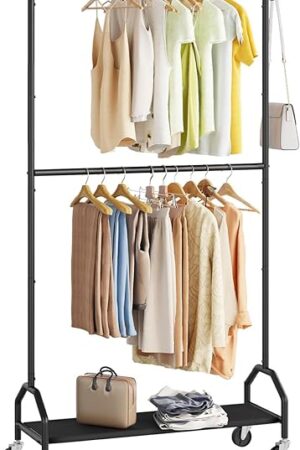 Clothes Rack Double Hanging Clothes Rack Clothing Rack Garment Rack 130LBS Capacity 34.5" W X15.8 D X 79" H Rolling Clothes Racks with Bottom Shelf