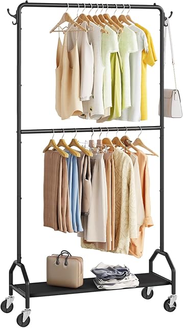 Clothes Rack Double Hanging Clothes Rack Clothing Rack Garment Rack 130LBS Capacity 34.5" W X15.8 D X 79" H Rolling Clothes Racks with Bottom Shelf