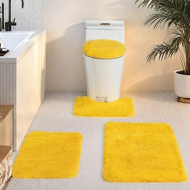 Bathroom Rug Sets 4 Piece Non Slip, Toilet Lid Cover and Contour Mat, Bath Mats Shower Mats Bath Rug Mat for Tub Toilet Bathroom (Yellow)