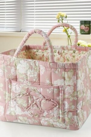 Boho Fabric Storage Basket Floral Laundry Basket Puffer Tote Handheld Storage Organizer for Home Decorative Storage for Cosmetics Clothing and Household Items Bohemian Style Storage Solution (E)