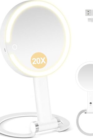 20x Magnifying Mirror with Light, Travel Mirror with Light, Lighted Makeup Mirrors with Magnification, Hand Held Mirrors with Handle, Portable Tabletop, Suitable for Bathroom