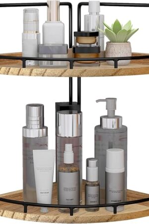 Dorhors 2-Tier Bathroom Counter Organizer,Vanity Counter Corner Shelf, Skincare, Wood Countertop Bathroom Storage and Organization for Kitchen (Brown)
