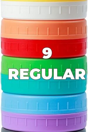 9 Regular Mouth Mason Jar Lids with Silicone Ring,Thickened Leak-proof Lids Fit Ball,Kerr and More, 9 Color Plastic Lids, 70mm Plastic Mason Jar Lids