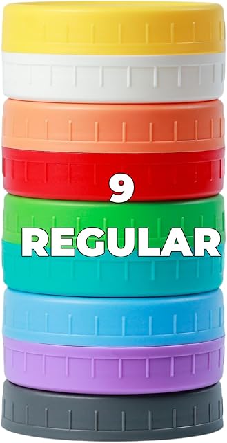 9 Regular Mouth Mason Jar Lids with Silicone Ring,Thickened Leak-proof Lids Fit Ball,Kerr and More, 9 Color Plastic Lids, 70mm Plastic Mason Jar Lids