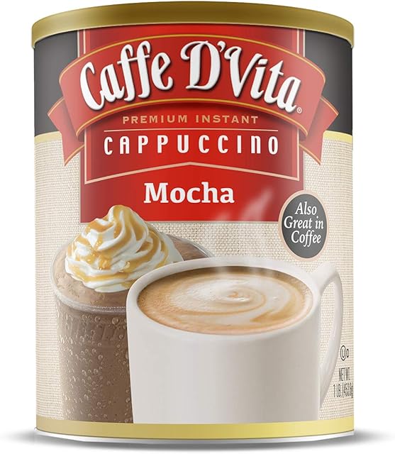 Caffe D’Vita Mocha Cappuccino Mix - Mocha Powder Mix, Instant Cappuccino Mix, Gluten Free, No Cholesterol, No Hydrogenated Oils, No Trans Fat, 99% Caffeine Free, Mocha Mix - 16 Oz Can, 6-Pack