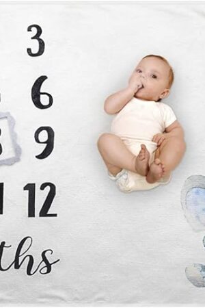 Baby Monthly Milestone Blanket - Organic Plush Fleece Photography Background Prop for Boy Girl Newborn Soft Elephant Blanket with Frame Large 47''x40''