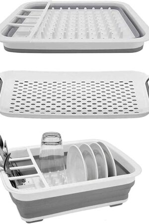 Ahyuan Collapsible Dish Drying Rack Portable Dinnerware Drainer Organizer for Kitchen RV Campers Travel Trailers Space Saving Kitchen Storage Rack Tray (with Drainboard)