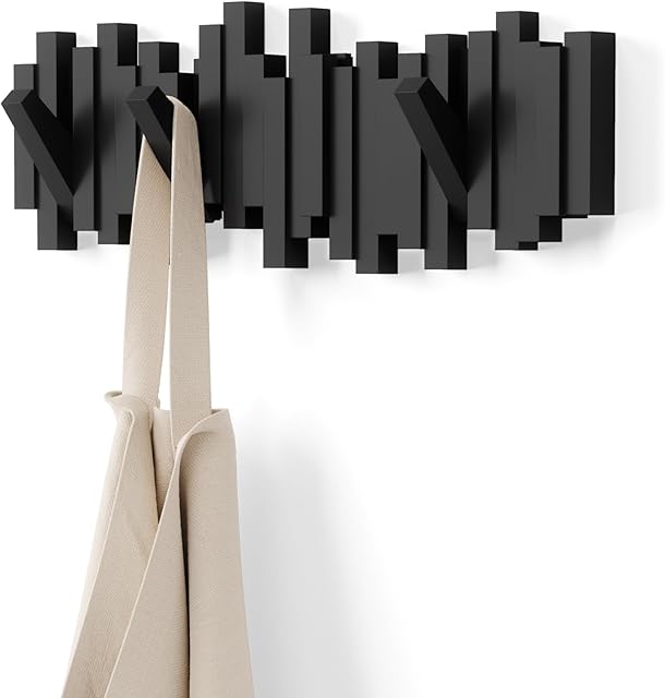 Umbra Sticks Wall-Mounted Coat Rack Rail Hook with 5 Retractable Pegs – Modern, Space-Saving Storage Organizer, Black