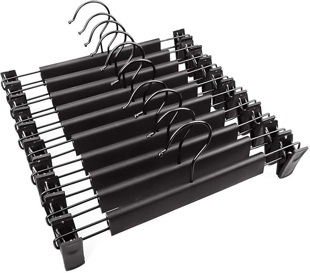 10 Pack Pants Hangers with Adjustable Non-Slip Clips Anti-Rust Hanging Hook for Trouser,Skirts,Jeans,Clothes Hangers Black