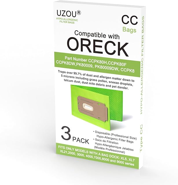 3 Pack Vacuum Bags Compatible with Oreck XL Upright Vacuums Cleaner Type CC Bags. Replaces Part # CCPK8DW, CCPK8, AK1CC6A