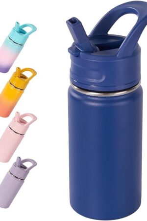 12oz Kids Water Bottle for School, Toddler Water Bottles with Straws, Insulated Water Bottles for Boys&Girls, Stainless Steel Vacuum Insulated Bottle for Kids, Leak-Proof, BPA-Free, Blue