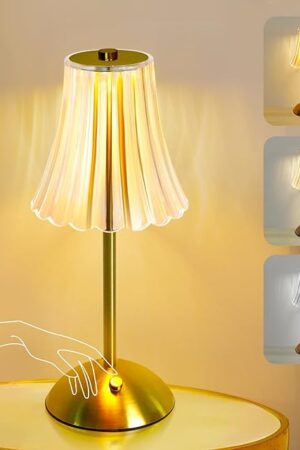 Cordless Table Lamp Rechargeable,LED 3 Colors Light Touch Dimmable Gold Small Lamp Decorative 12" for Nightstand,Bedside,Kitchen,Living Room 2600mAh High Capacity Battery Powered (Acrylic Flower)